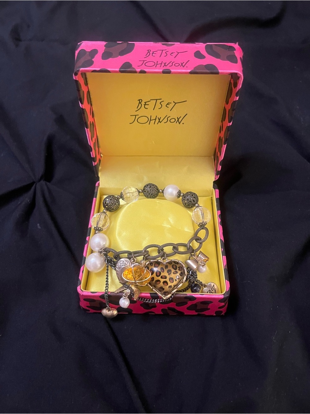 Macy's Betsey Johnson Gold-Tone Leopard Heart Charm Bracelet with Pearls